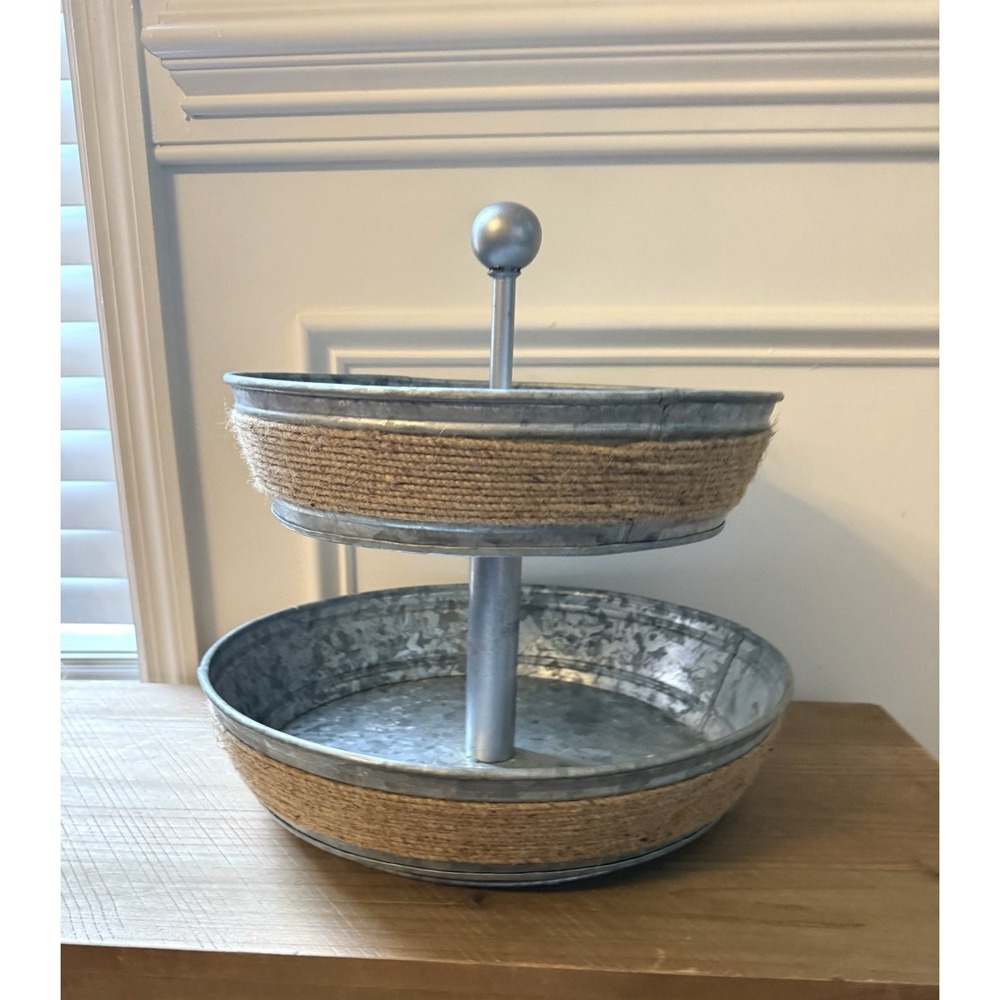 Galvanized Two Tiered Serving Stand - Farmhouse 2 Tier Metal Tray Platter